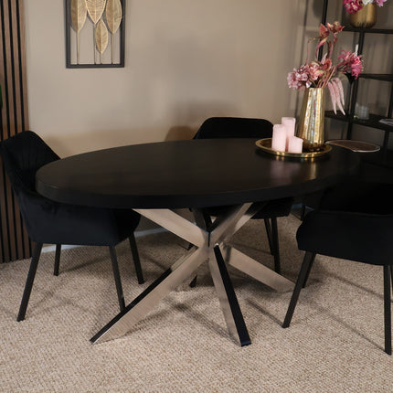 Eettafel Lucas ovaal 160cm zwart met zilver mangohout