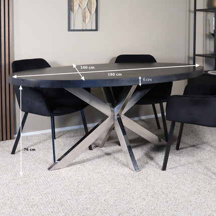 Eettafel Lucas ovaal 180cm zwart met zilver mangohout
