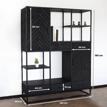 Visgraat vakkenkast zwart mangohout 180cm Lio