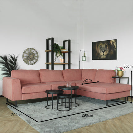 Hoekbank Puckerto roze velvet 290cm rechts