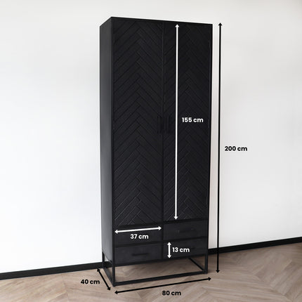 Visgraat kast zwart mangohout 200cm Bassie