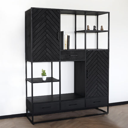 Visgraat vakkenkast zwart mangohout 180cm Lio