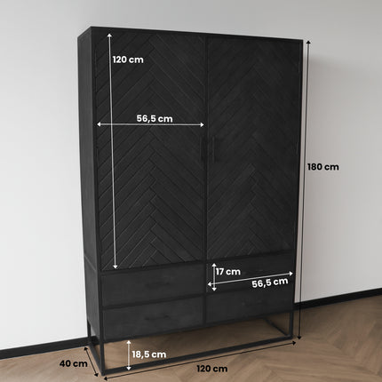 Visgraat kast zwart mangohout 180cm Flako