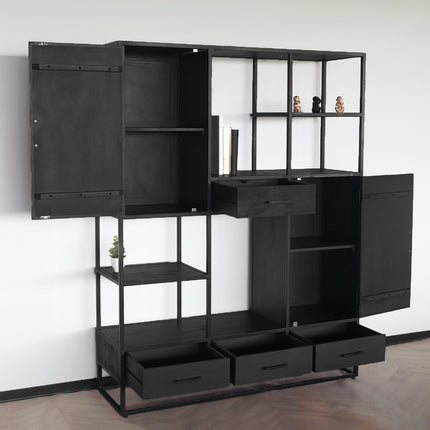 Visgraat vakkenkast zwart mangohout 180cm Lio