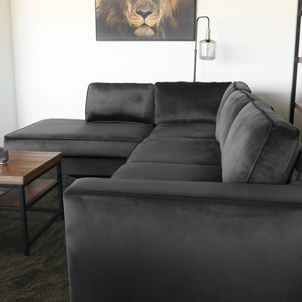 Hoekbank Puckerto antraciet velvet 290cm links