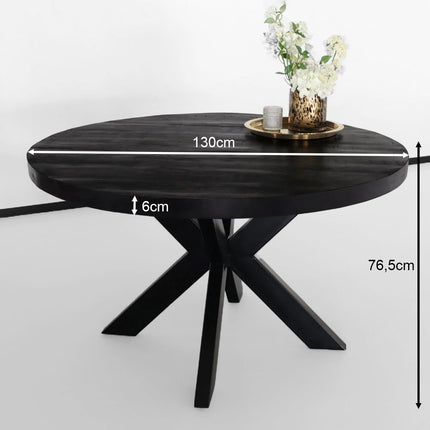 Eettafel rond mangohout 130cm Jones zwart ronde industriële tafel duurzaam mango eetkamertafel