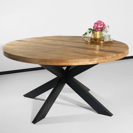 Eettafel rond mangohout 150cm Jones lichtbruin ronde industriële tafel duurzaam mango eetkamertafel