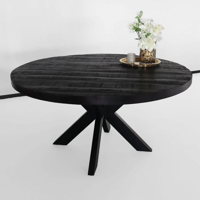 Eettafel rond mangohout 150cm Jones zwart ronde industriële tafel duurzaam mango eetkamertafel