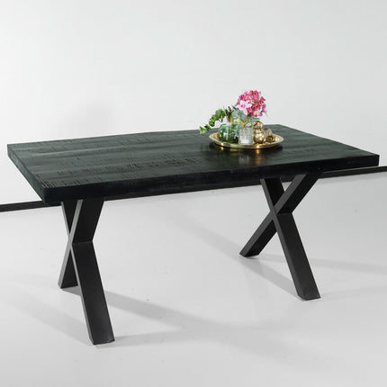 Eettafel rechthoek mangohout Xavier zwart 160cm duurzaam tafel met X-poot mango rechthoekige eetkamertafel hout