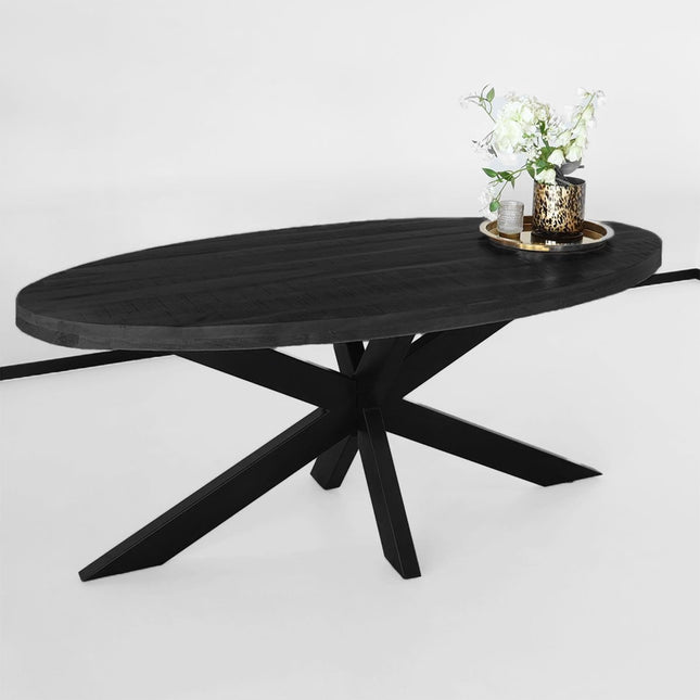 Tweedekans model: Eettafel ovaal mangohout 180cm James zwart ovale industriële tafel duurzaam mango eetkamertafel
