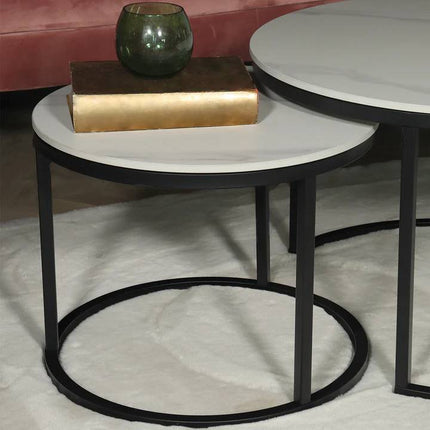 Salontafel marmerlook rond 2delig wit steen Bero