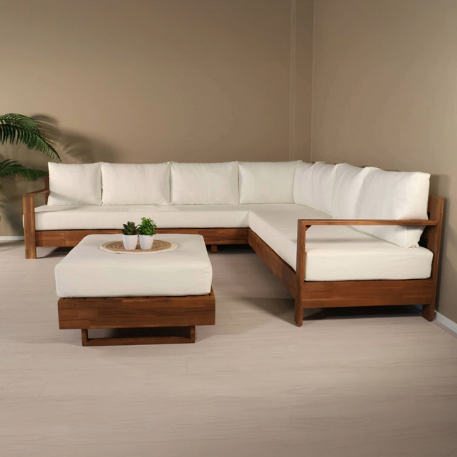 Loungebank tuin set Lahon wit acaciahout 250cm met tafel met kussen