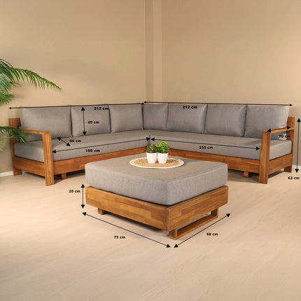 Loungeset 5-zits acaciahout Boris lichtgrijs met tafel met kussen