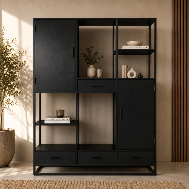 Vakkenkast mangohout zwart 200cm Dani