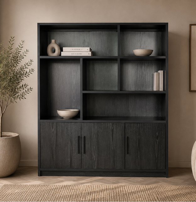 Vakkenkast zwart melamine 160cm Hanno