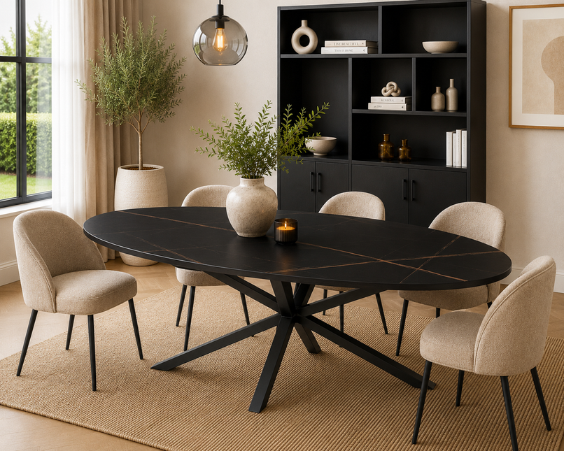 Eettafel marmerlook Figo ovaal 235cm zwart steen