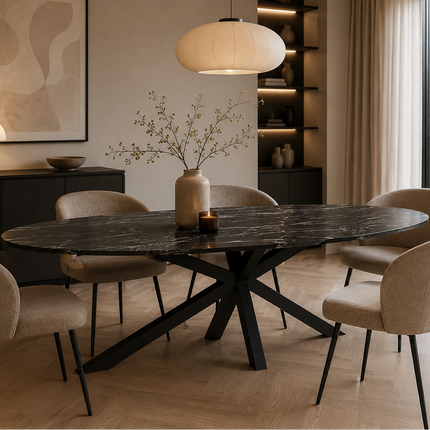 Eettafel marmerlook Jovi ovaal 260cm zwart MDF