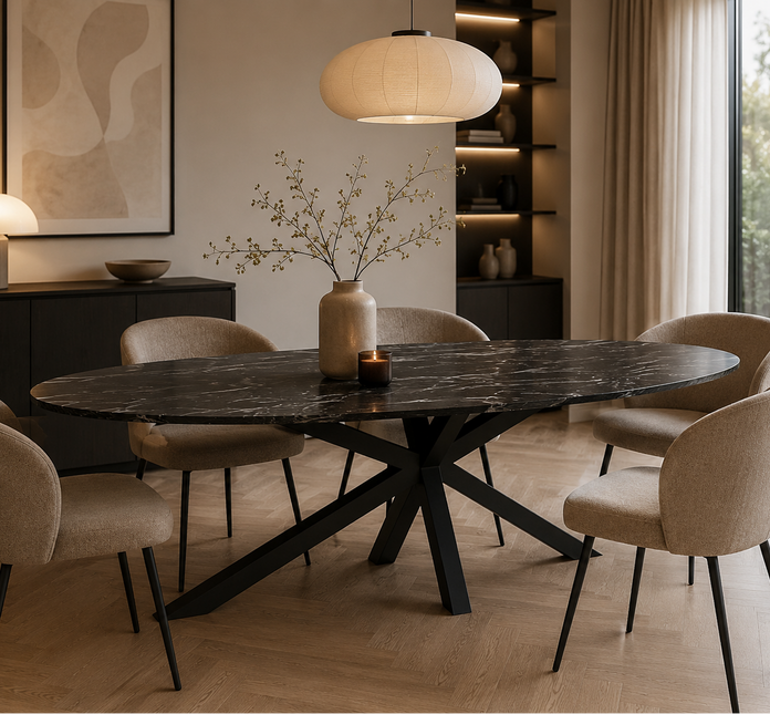 Eettafel marmerlook Jovi ovaal 260cm zwart MDF