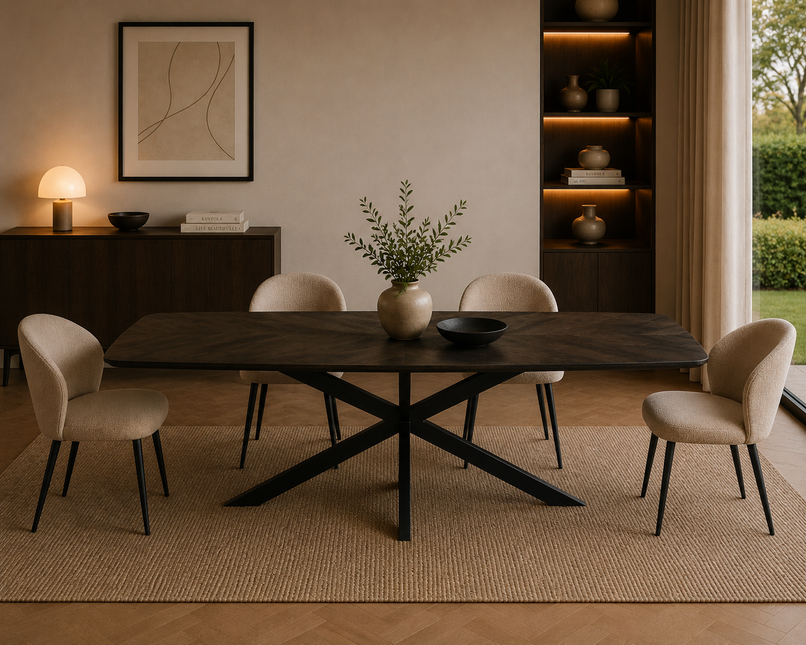 Eettafel Bali deens ovaal 220cm walnoot mangohout hongaarse punt