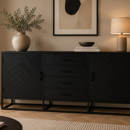 Dressoir visgraat mangohout 200cm zwart Cody