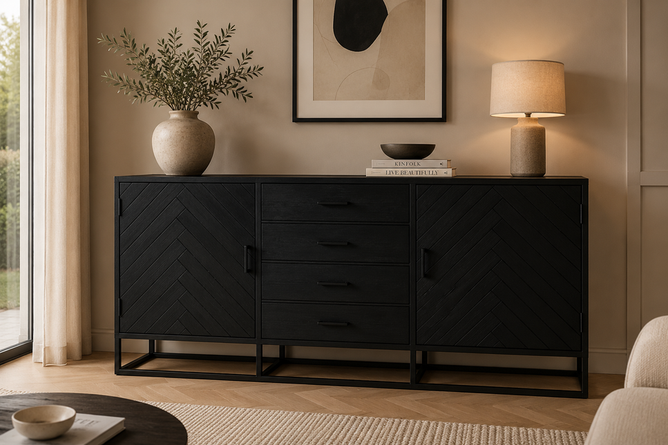 Dressoir visgraat mangohout 200cm zwart Cody