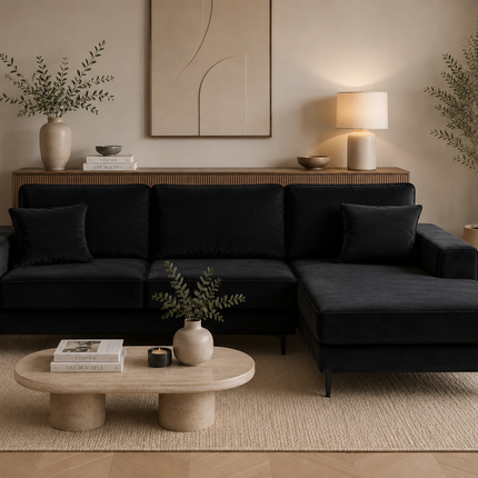 Hoekbank Jerdy zwart velvet 235cm rechts