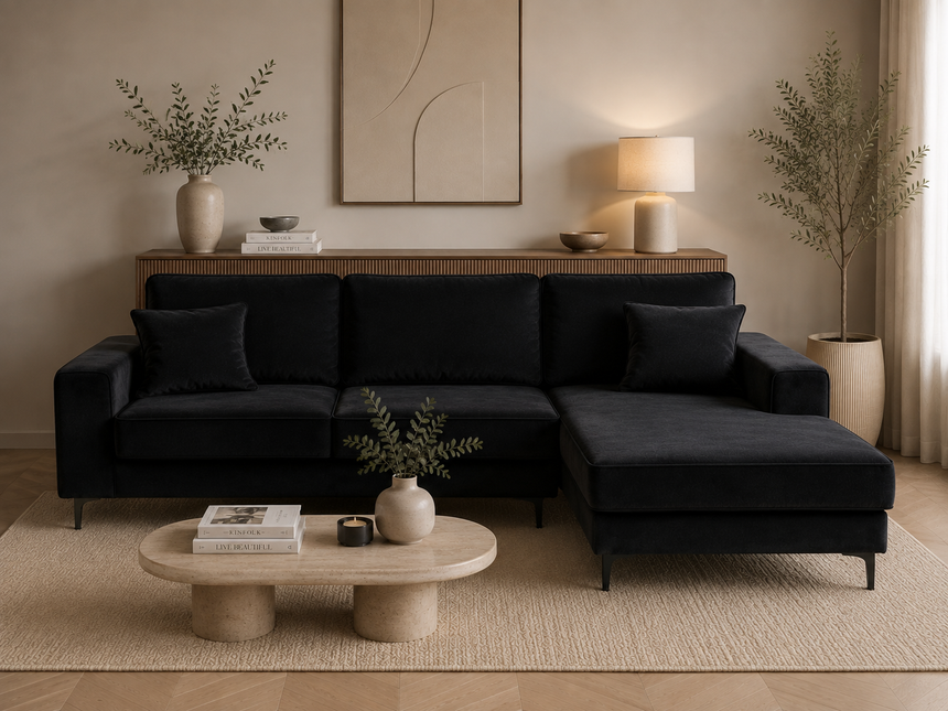 Hoekbank Jerdy zwart velvet 235cm rechts