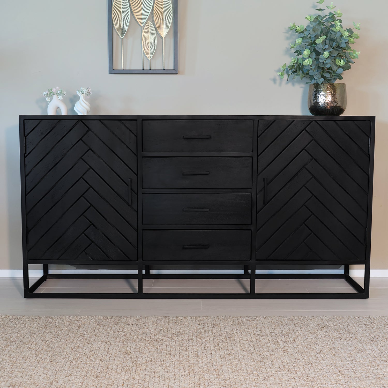 Laag Dressoir, Zwart Dressoir Met 3 Lades En 2 Deuren, Metalen Poten Voor Woonkamer En Eetkamer Laag Dressoir, Zwart Dressoir Met 3 Lades En 2 Deuren, Metalen Poten Voor Woonkamer En Eetkamer
