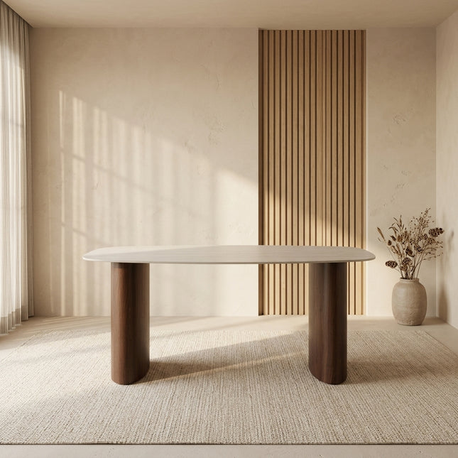 Eettafel Japandi marmerlook Alton ovaal 180cm beige walnoot