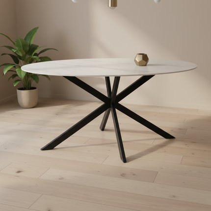 Eettafel marmerlook Figo ovaal 160cm wit steen