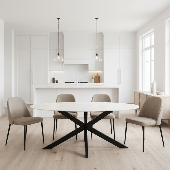 Eettafel marmerlook Figo ovaal 180cm wit steen