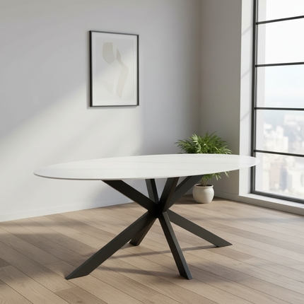 Eettafel marmerlook Figo ovaal 180cm wit steen