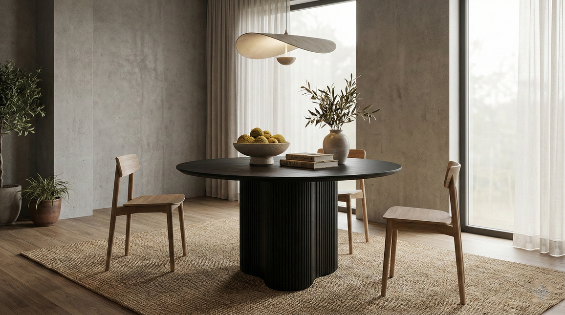 Eettafel Japandi organisch Demi rond 130cm zwart mangohout