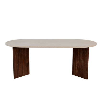 Eettafel Japandi ovaal 200cm travertin melamine Nancy bruin onderstel