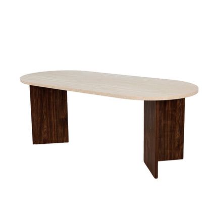 Eettafel Japandi ovaal 200cm travertin melamine Nancy bruin onderstel