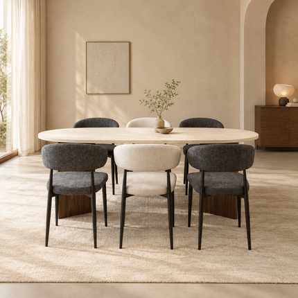Eettafel Japandi ovaal 200cm travertin melamine Nancy bruin onderstel