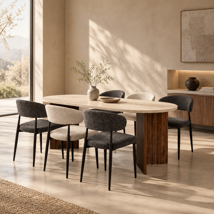 Eettafel Japandi ovaal 200cm travertin melamine Nancy bruin onderstel