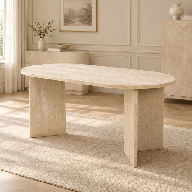 Eettafel Japandi ovaal 180cm travertin melamine Nancy