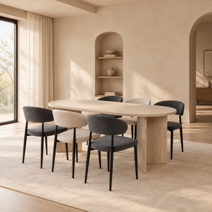 Eettafel Japandi ovaal 200cm travertin melamine Nancy