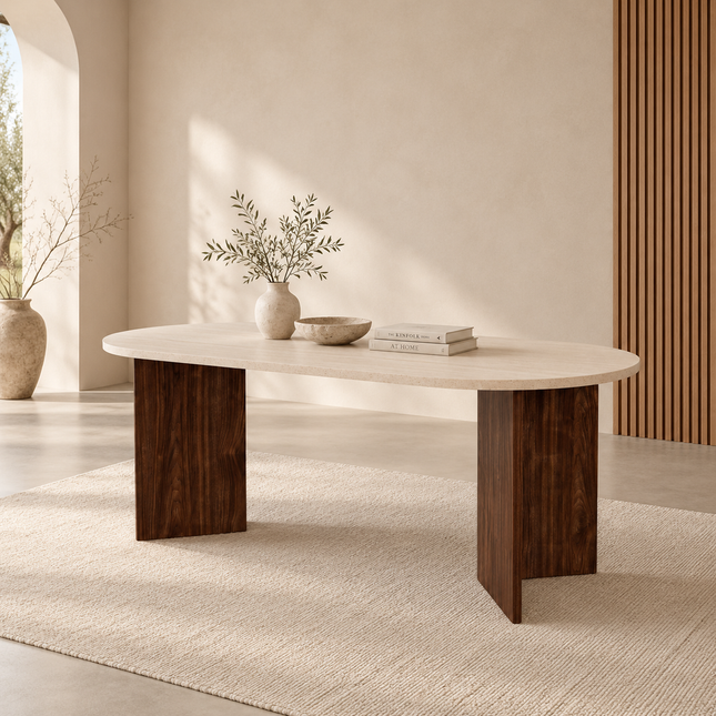 Eettafel Japandi ovaal 200cm travertin melamine Nancy bruin onderstel