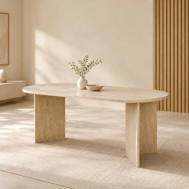 Eettafel Japandi ovaal 200cm travertin melamine Nancy