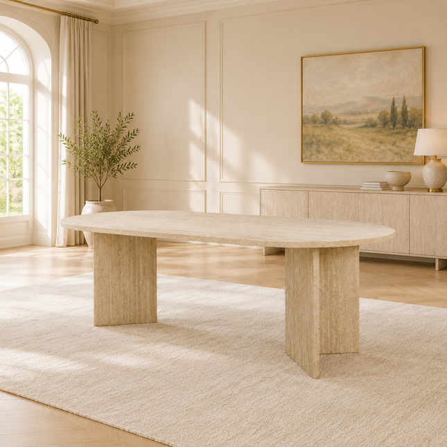 Eettafel Japandi ovaal 220cm travertin melamine Nancy