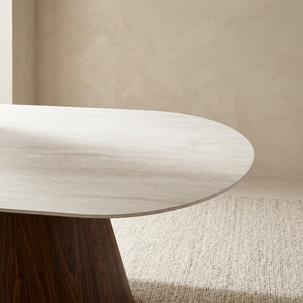 Eettafel Japandi marmerlook Niko ovaal 180cm beige walnoot