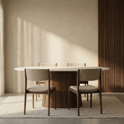 Eettafel Japandi marmerlook Niko ovaal 180cm beige walnoot