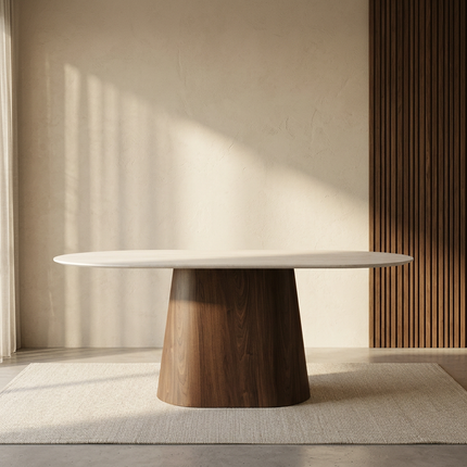 Eettafel Japandi marmerlook Niko ovaal 180cm beige walnoot