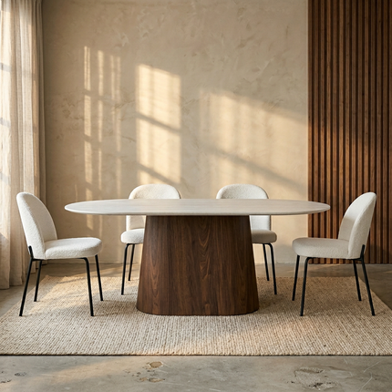 Eettafel Japandi marmerlook Niko ovaal 180cm beige walnoot