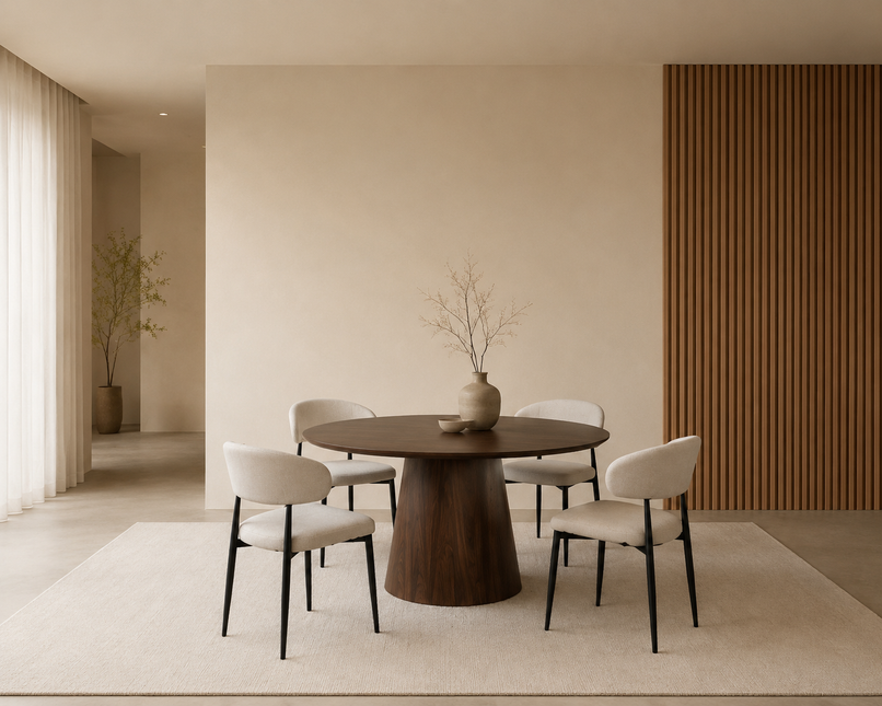 Eettafel Japandi Amber rond 130cm walnoot MDF