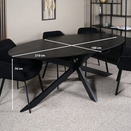Eettafel marmerlook Figo ovaal 210cm zwart steen