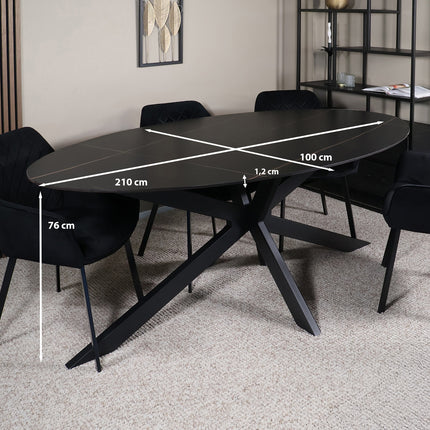Eettafel marmerlook Figo ovaal 210cm zwart steen