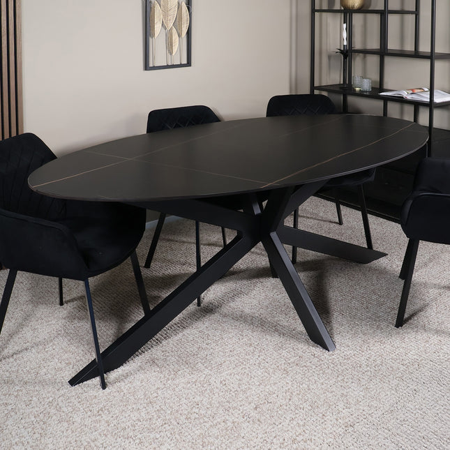Eettafel marmerlook Figo ovaal 210cm zwart steen